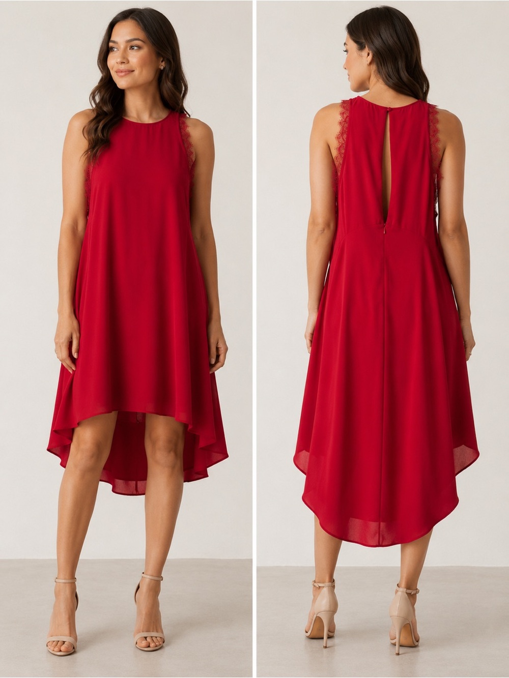 H&M‎ Red High Low Lace Trim Dress Size 10 Romantic Cocktail Party Dress
